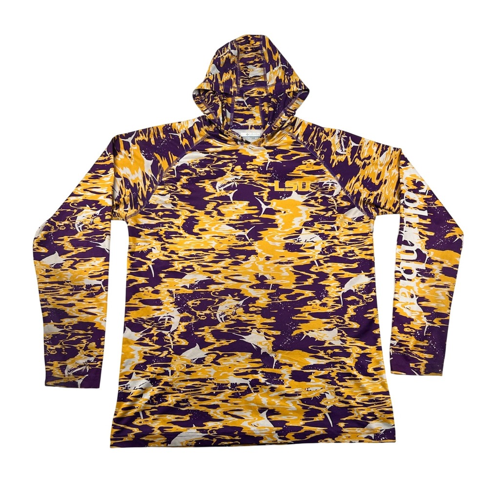 Columbia PFG LSU Tigers Mens Medium Purple Gold Camo Marlin Fishing Hoodie Shirt